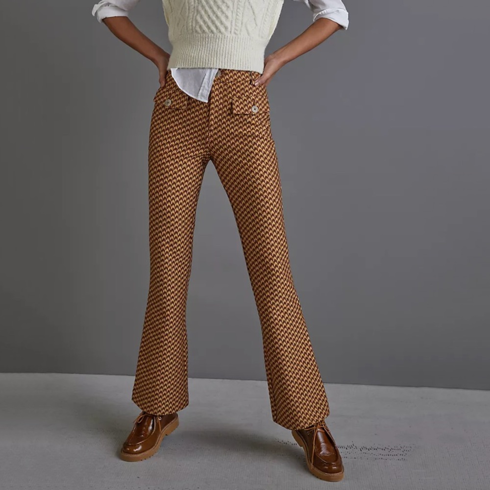NWT Anthropologie Essential Slim Flared Printed Trousers Pants In Gold